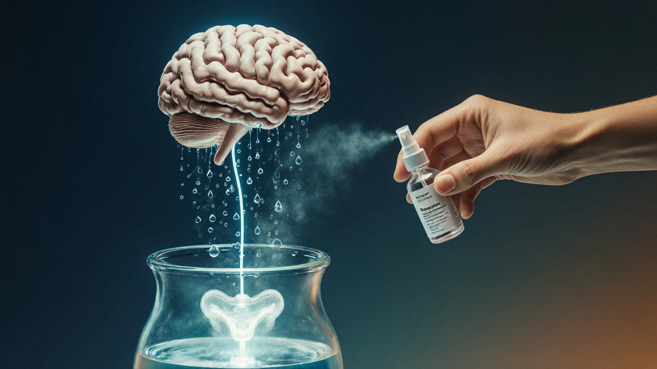 Artwork surréaliste montrant filaments d'eau entre cerveau et vessie, avec désmopressine.