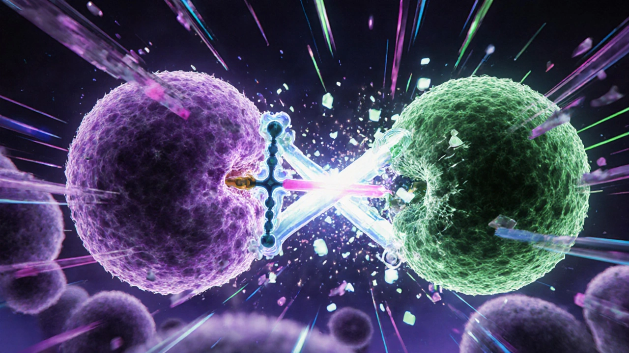 Bactéries stylisées éclatées par des éclairs de Cefexime, parois cellulaires qui se fissurent.