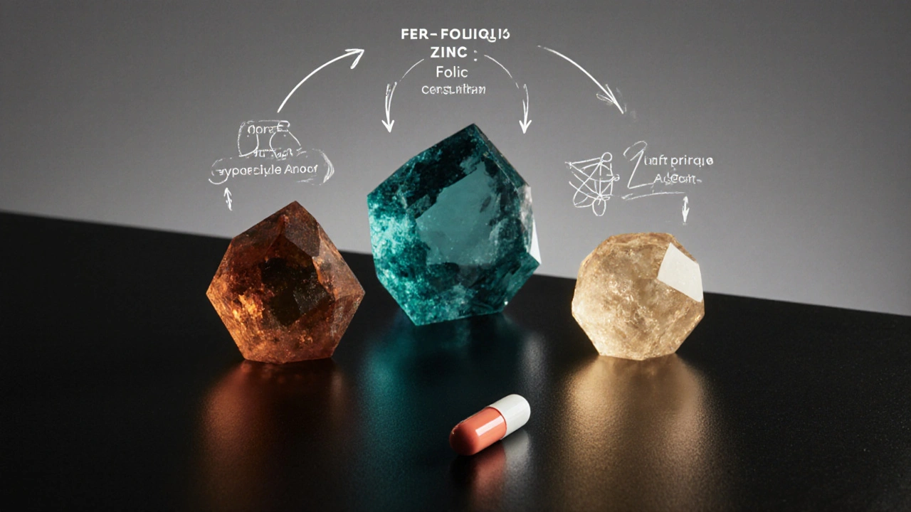 Capsule vegan sur un banc de laboratoire avec modèles cristallins d&#039;fer, folate et zinc en couleurs limitées.