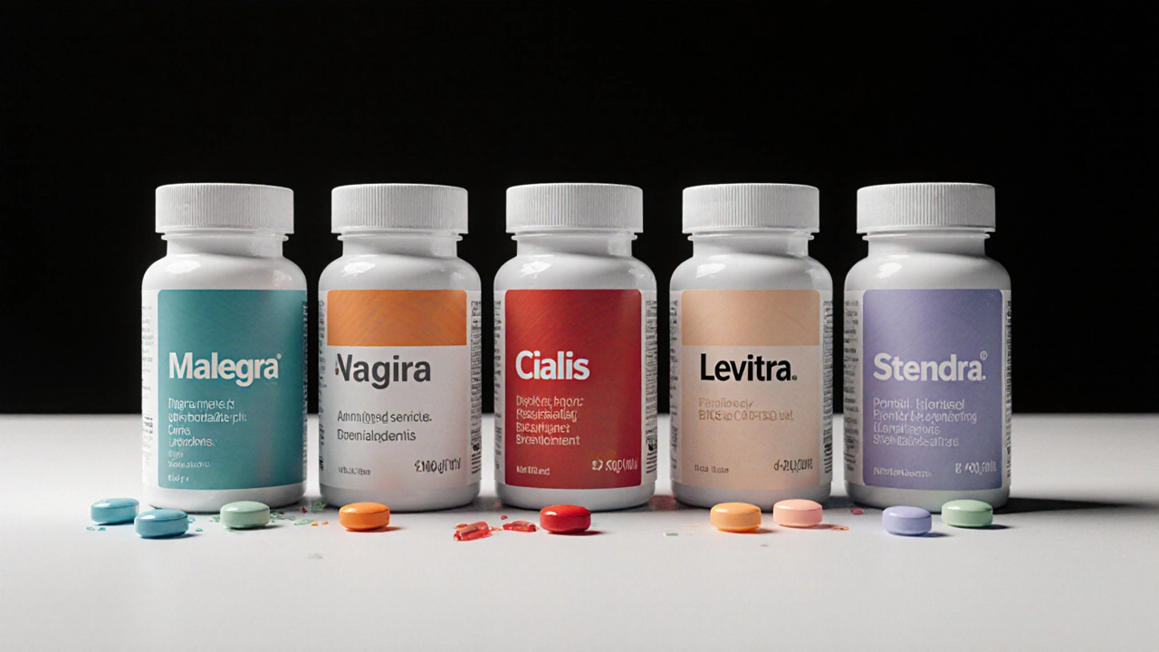 Cinq flacons de médicaments PDE5 alignés, chaque flacon avec une teinte discrète différente.