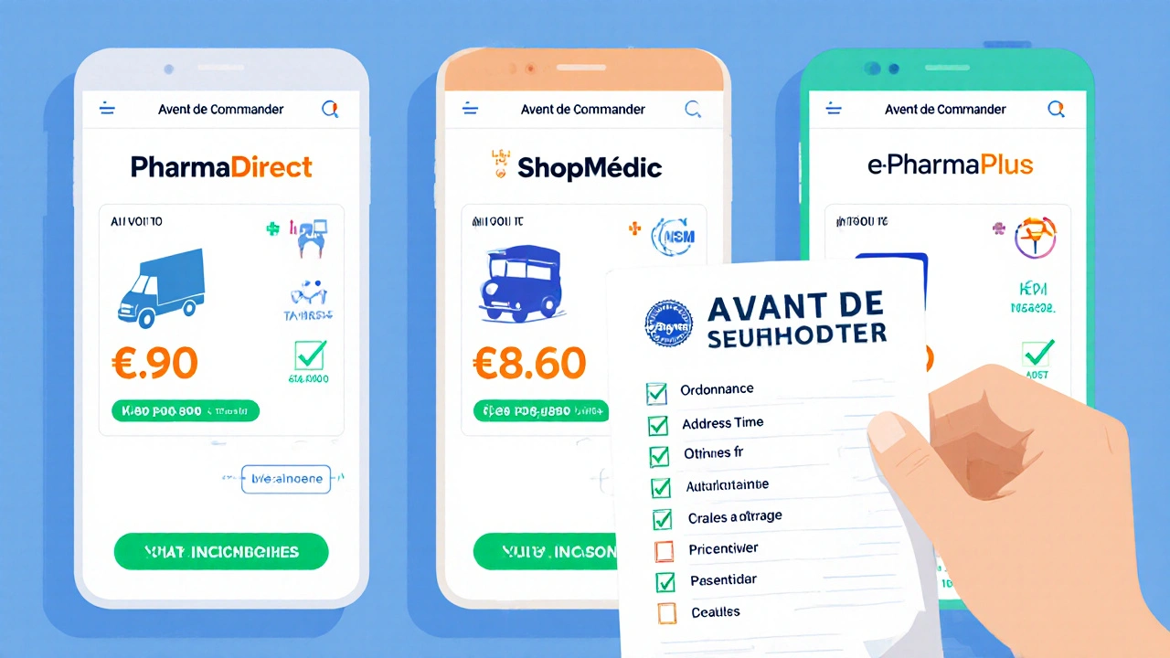 Comparaison visuelle de trois pharmacies en ligne avec prix, frais de port et badge ANSM sur un tableau.