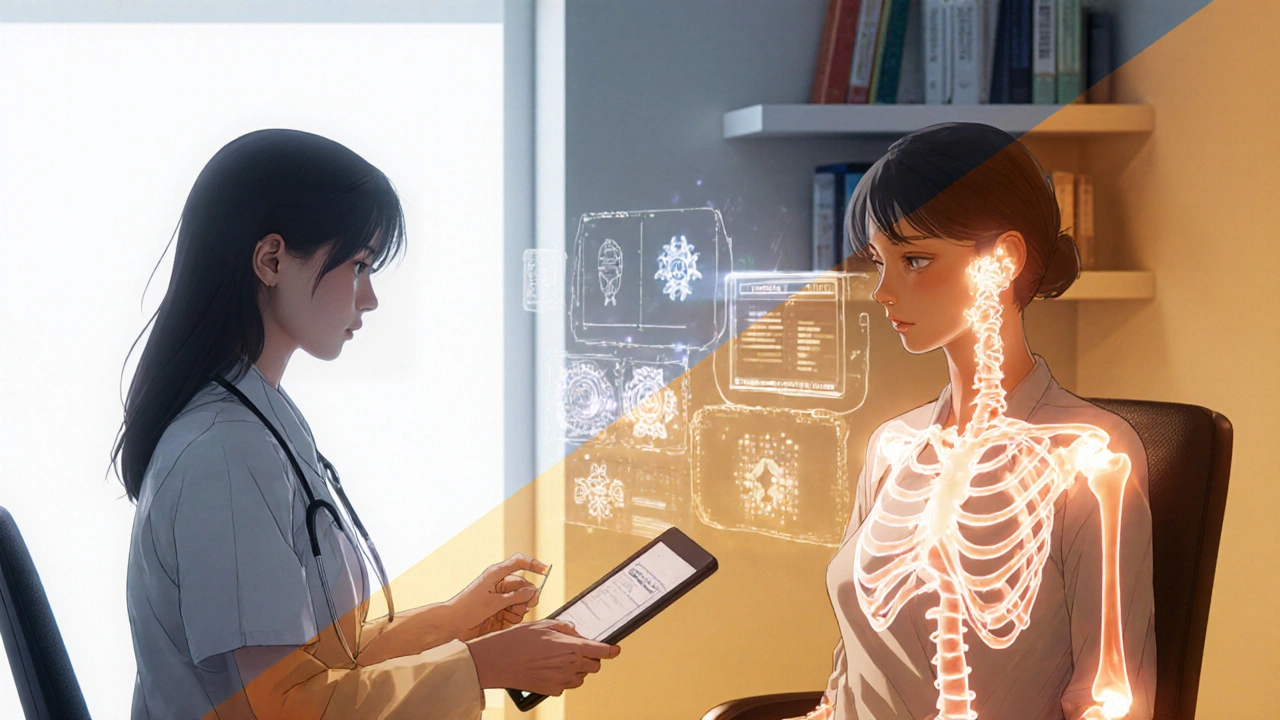 Consultation médicale avec cartes holographiques de douleur flottant autour de la patiente.