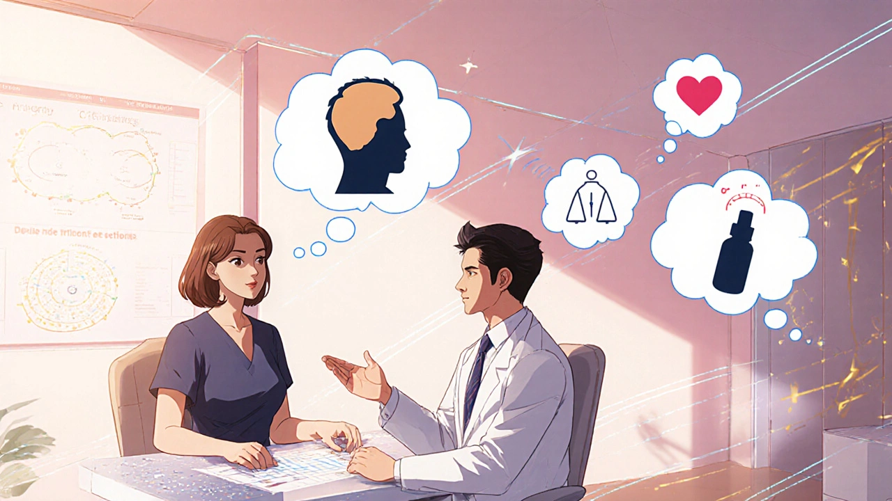 Dermatologue et patient discutent, bulles illustrent critères de choix du traitement.