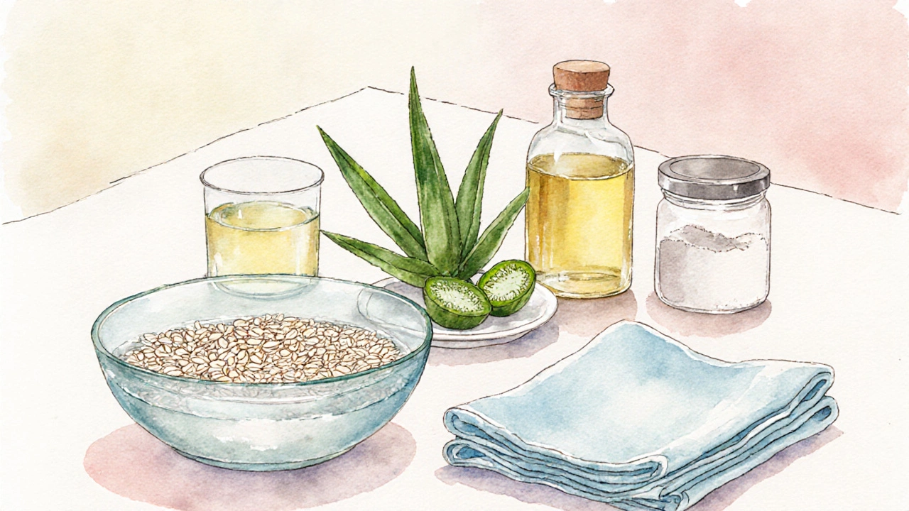 Dessin à l’aquarelle d’un comptoir de cuisine avec flocons d’avoine, bicarbonate, huile d’olive, aloe vera et talc.