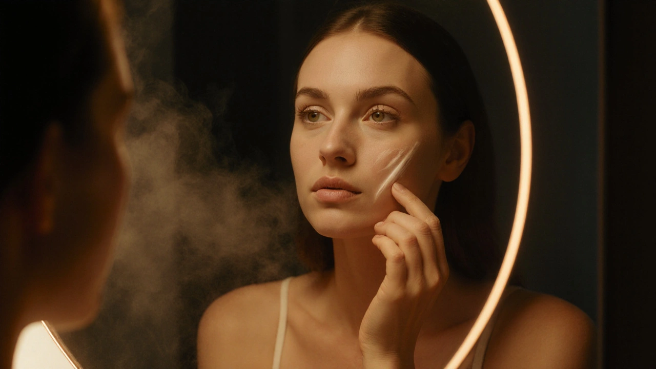 Femme appliquant doucement une petite quantité de rétinol le soir, reflet doux dans le miroir et peau lisse.