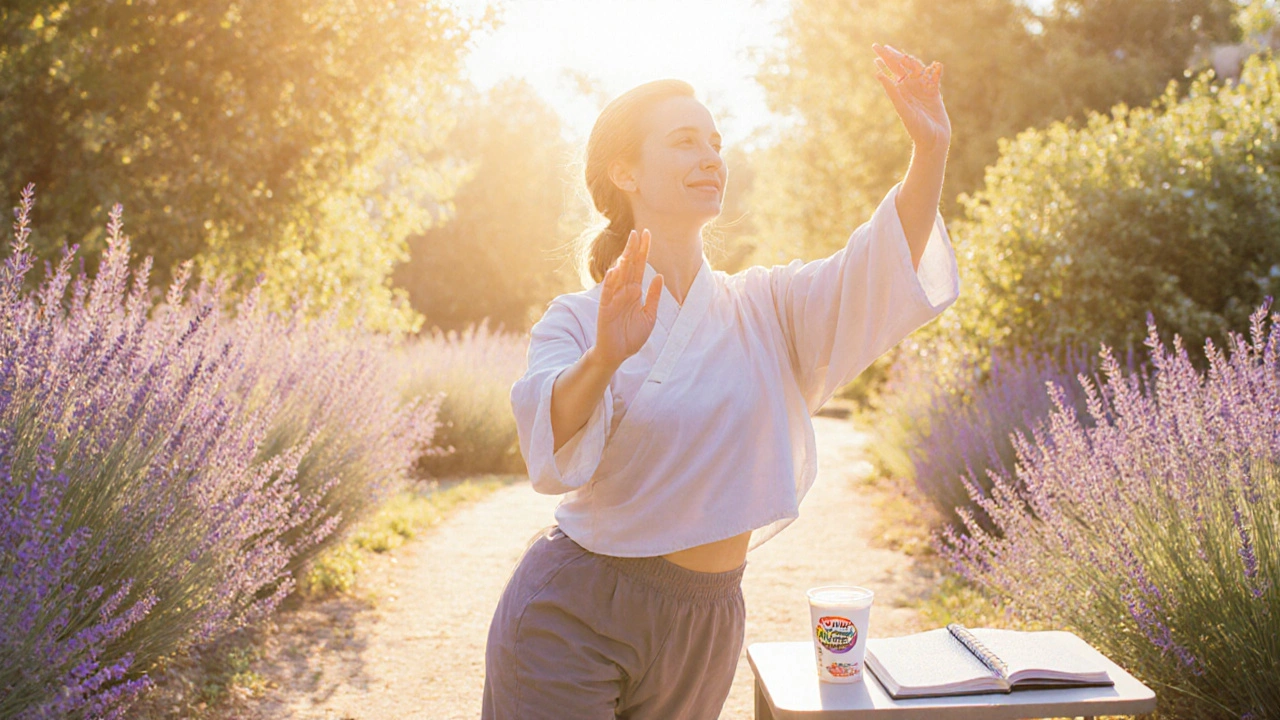 Femme pratiquant le tai‑chi dans un jardin, avec yaourt probiotique et journal de symptômes.