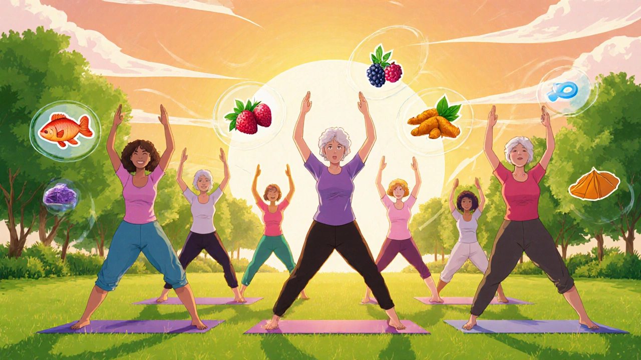 Femmes pratiquant yoga en plein air, entourées d&#039;icônes d&#039;aliments anti-inflammatoires.