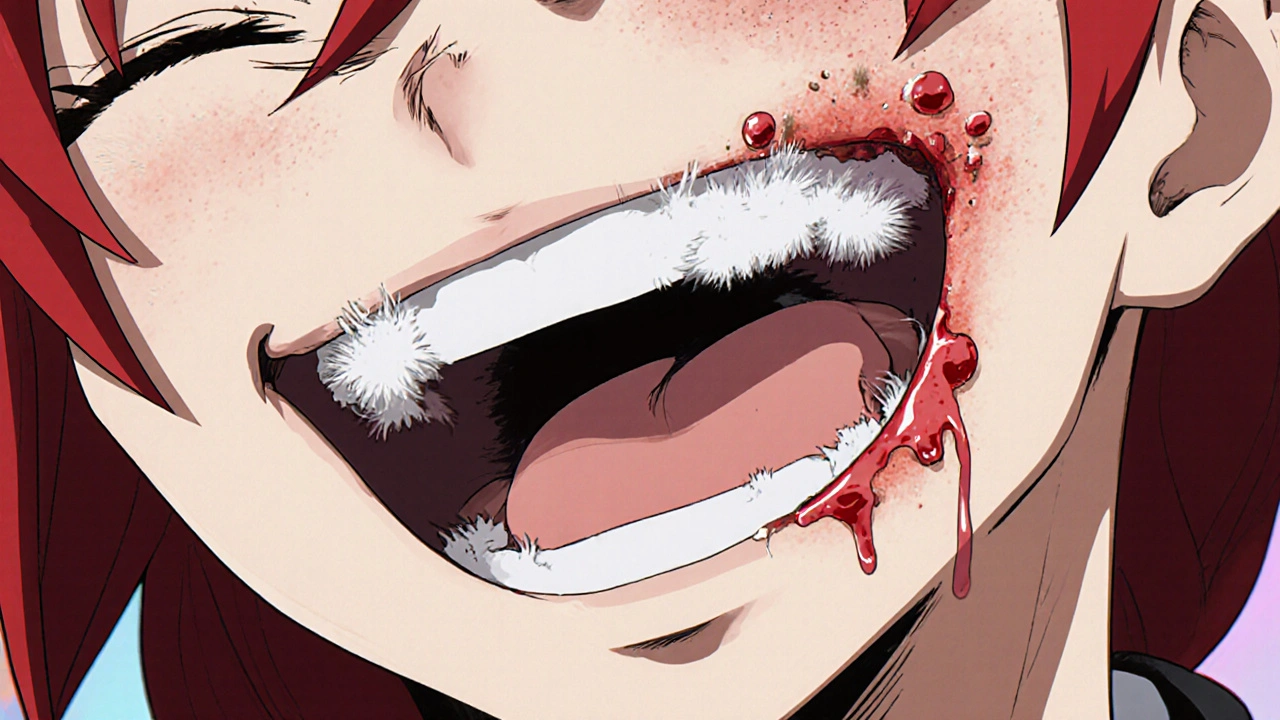 Gencives hypertrophiques, ulcères aphteux et revêtement blanc de candida visibles dans la bouche.