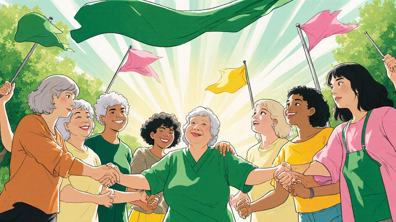 Groupe de femmes se tenant la main dans un parc, exprimant soutien et solidarité.