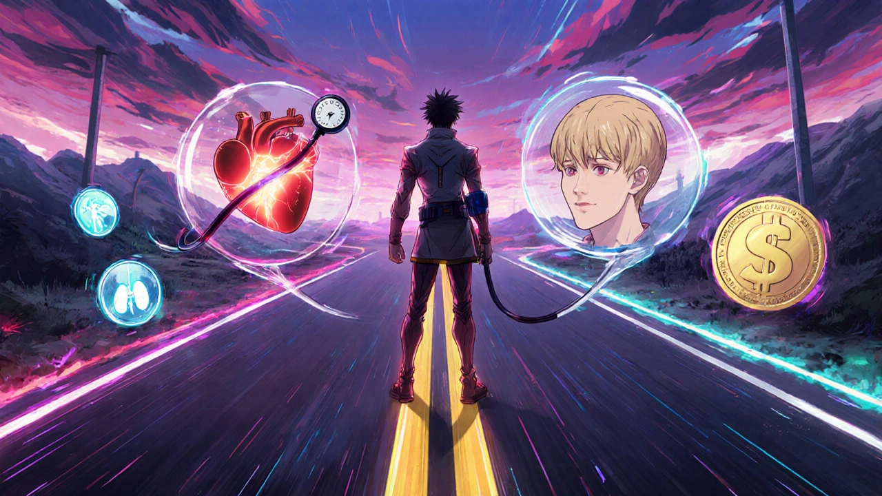 Héros anime à un carrefour médical, chaque voie montrant des symboles de cœur, peau, reins et coût.