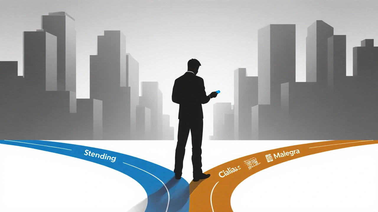 Homme à un carrefour à trois chemins, tenant un comprimé, chaque voie avec une couleur limitée distincte.