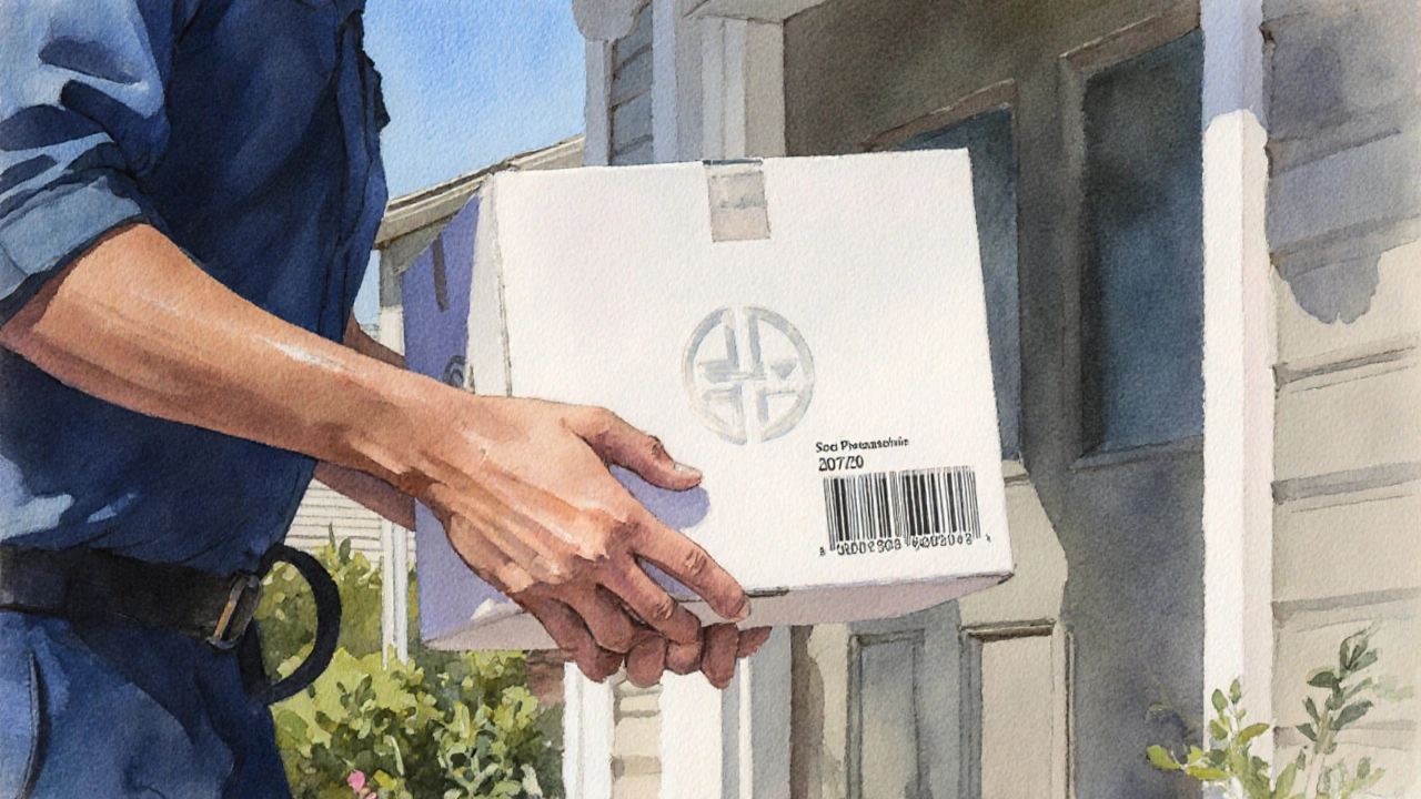 Livraison d&#039;un colis pharmaceutique sécurisé, remis par un coursier à la porte d&#039;une maison.