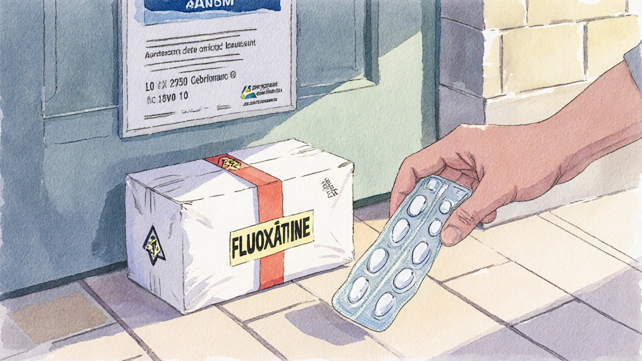 Livraison d’un colis neutre contenant des comprimés de fluoxétine, vérification du lot à la porte.