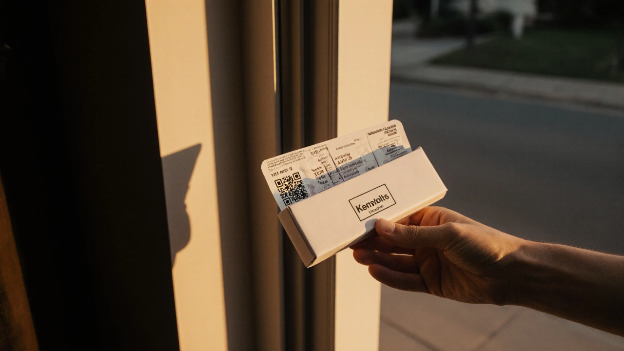 Main recevant un colis contenant le blister de clindamycine et ordonnance.