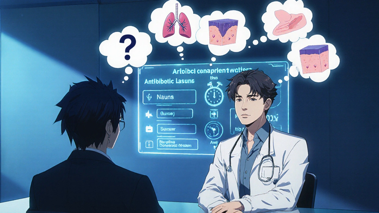 Médecin conseillant un patient avec des bulles d&#039;icônes d&#039;infection et un hologramme d&#039;antibiotiques.