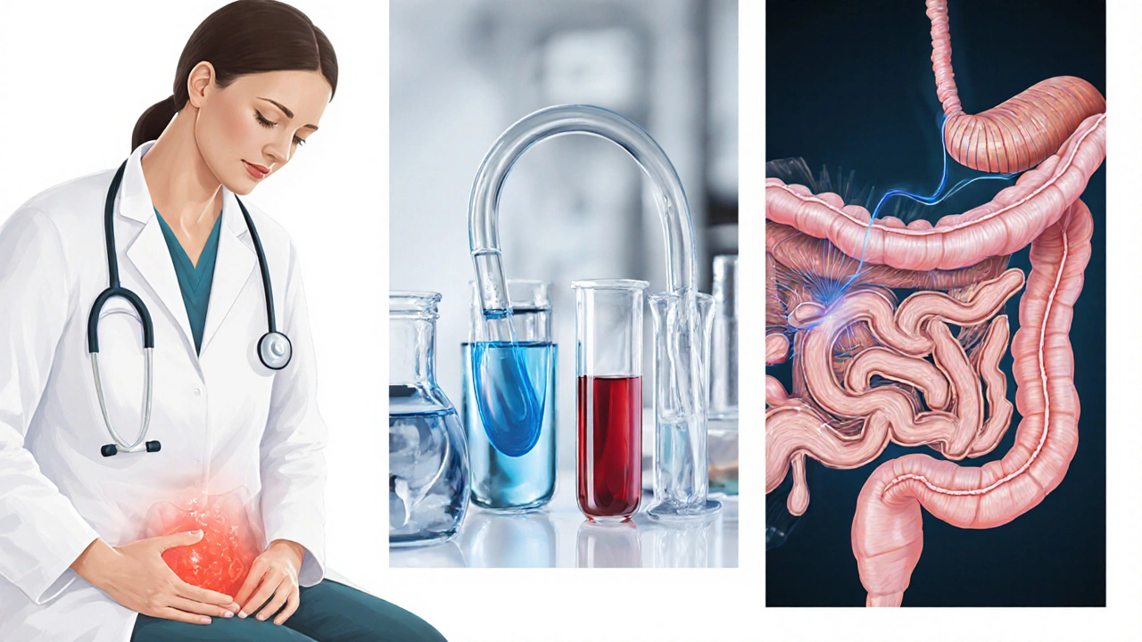 Médecin palpant l’abdomen d’une patiente, entouré d’outils d’examen et d’illustrations anatomiques.