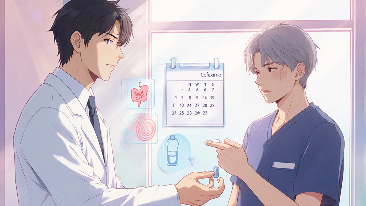 Médecin tend un comprimé de Cefexime à un patient, avec icônes de calendrier et effets secondaires.
