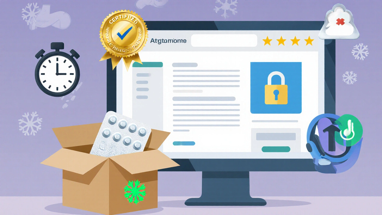 Page de pharmacie en ligne certifiée avec icônes de sécurité et boîte de livraison.