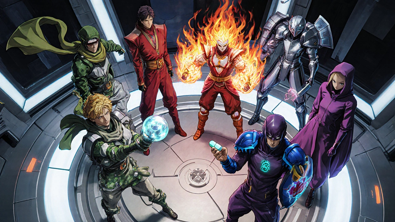 Personnages anime représentant différents immunosuppresseurs autour d&#039;une plateforme futuriste.