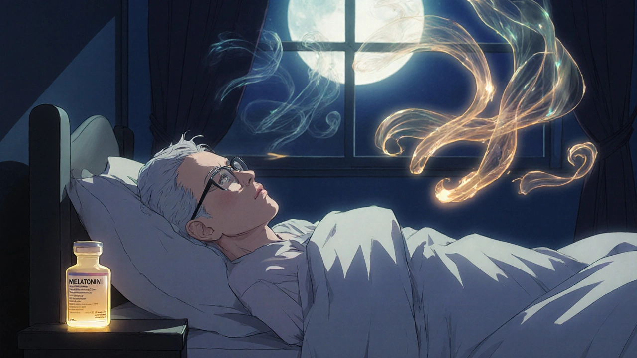 Personne âgée endormie paisiblement, une fiole de mélatonine brille doucement sous la lune.