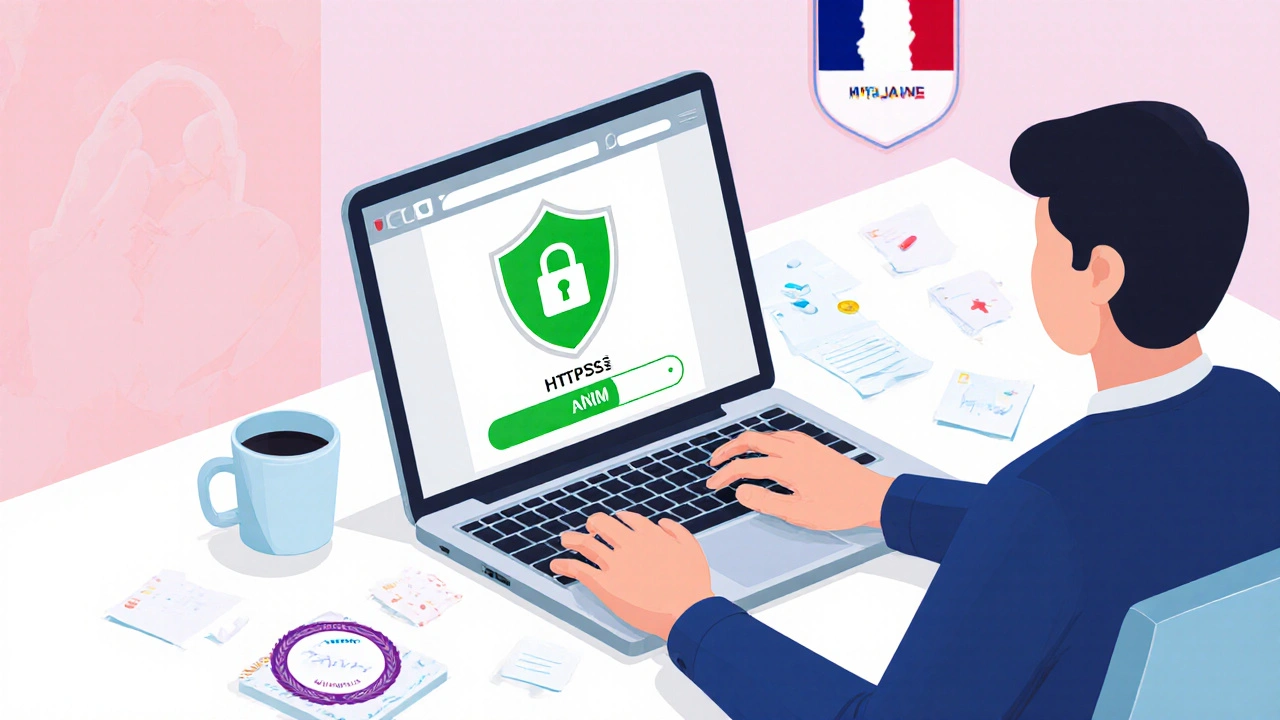 Personne vérifie un site de pharmacie en ligne, avec icônes de bouclier et cadenas sécurisés.
