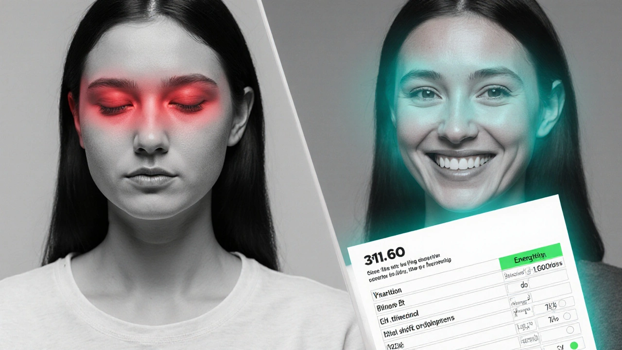 Portrait divisé d&#039;une femme fatiguée puis énergisée, avec tests sanguins montrant amélioration, en tritone.