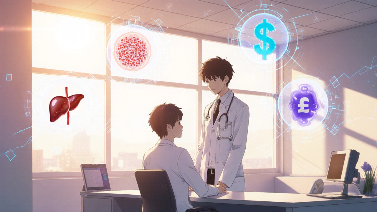 Scène d&#039;une consultation médicale anime avec docteur, patient et icônes holographiques flottantes.