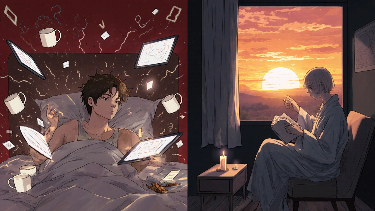 Scène divisée : à gauche, insomnie avec café et écrans ; à droite, calme avec livre et lumière douce.