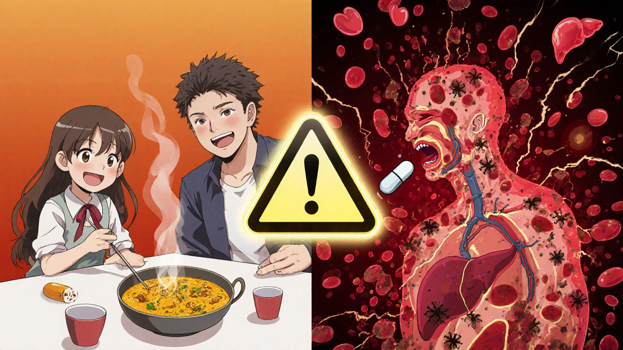 Scène divisée : famille mangeant du curry à gauche, personne en danger avec des particules noires et rouges à droite.