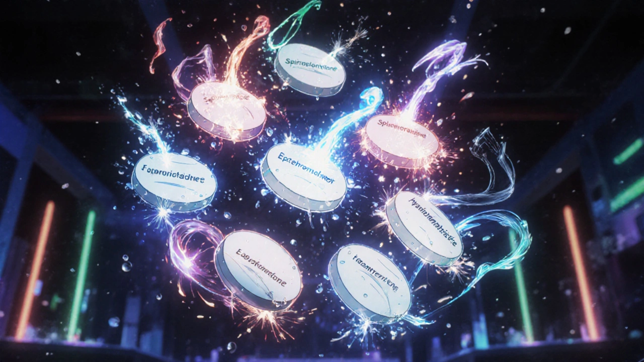 Six pilules différentes entourées d&#039;auras représentant leurs effets diurétiques et hormonaux.