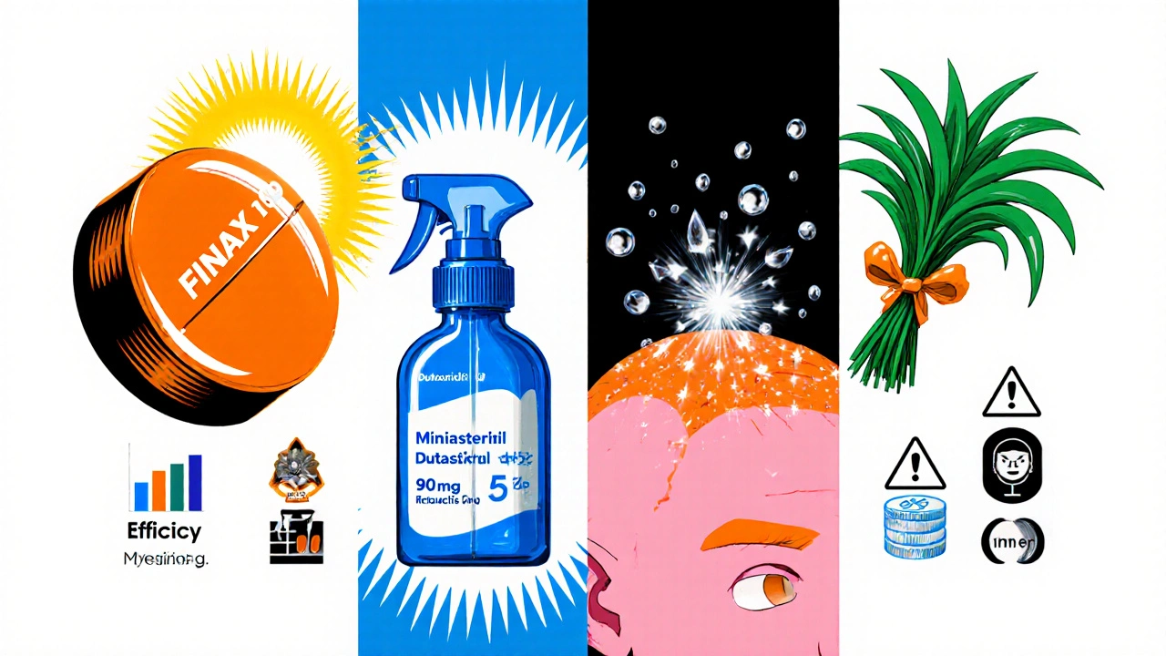 Tableau comparatif animé des traitements Finax, Dutastéride, Minoxidil et Saw Palmetto.