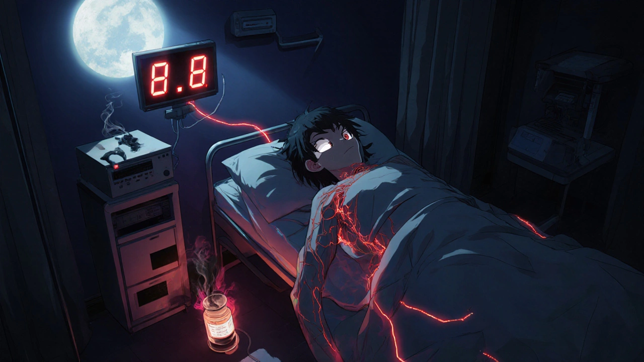 Un patient à l&#039;hôpital avec des veines rouges pulsantes et un INR élevé affiché sur un moniteur.