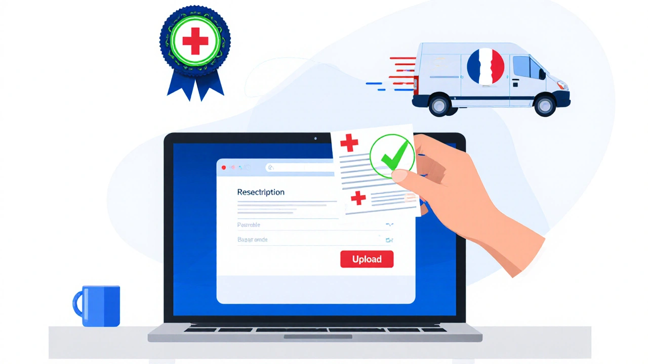 Utilisateur télécharge une ordonnance sur un ordinateur, entouré d&#039;icônes de certification et de livraison.