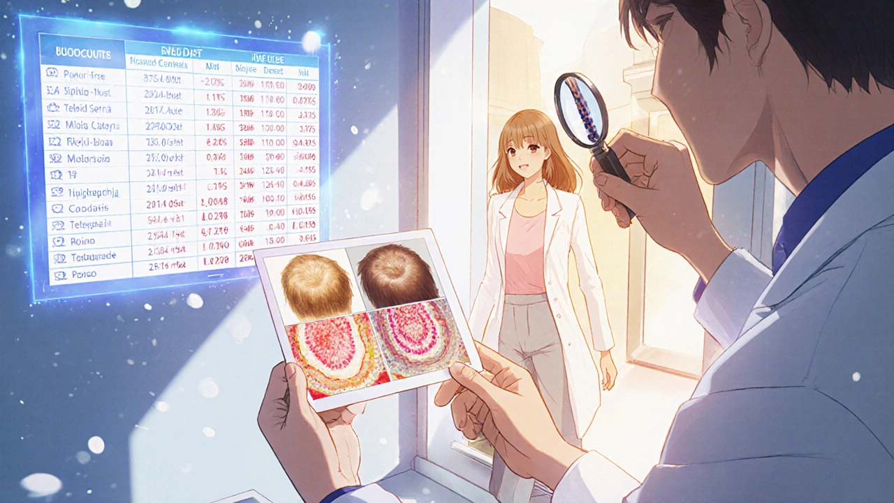 Dermatologue examinant un trichogramme sous lentille, avec des résultats hormonaux en hologramme.