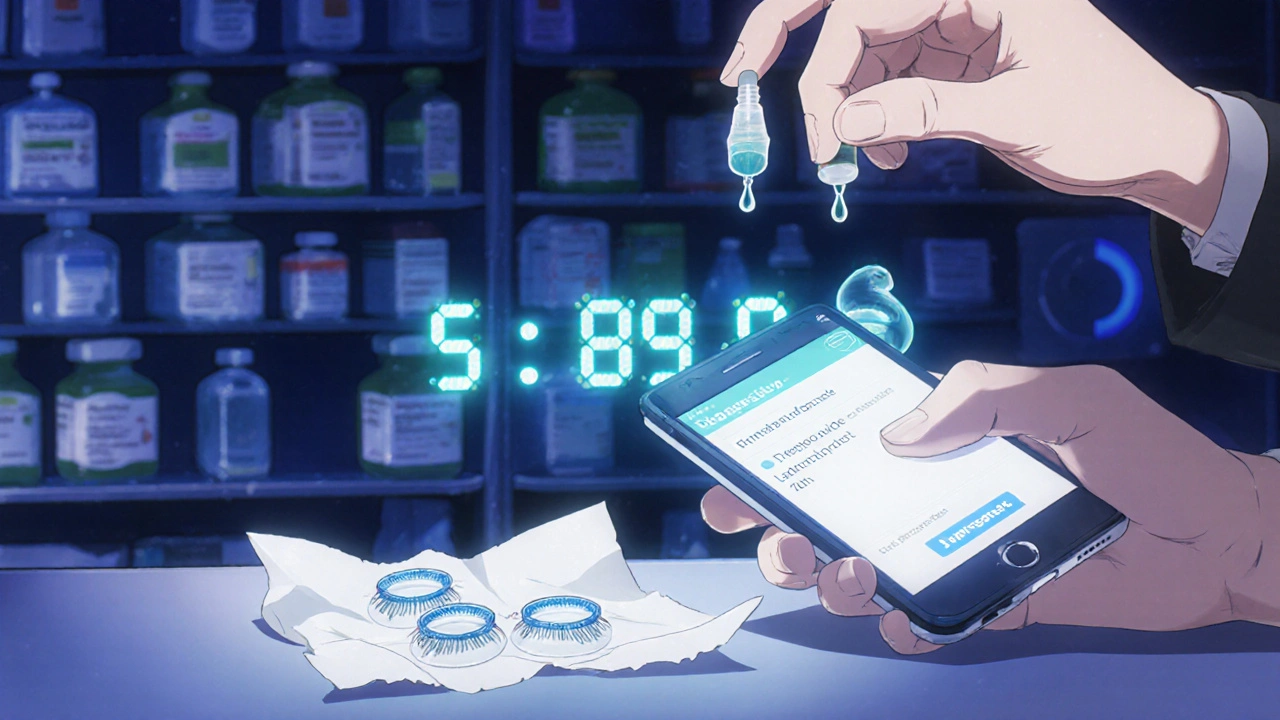 Deux gouttes oculaires tombent avec un minuteur numérique entre elles, lentilles de contact à côté.