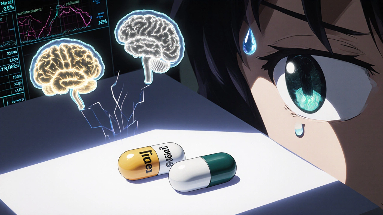 Deux pilules identiques sous un microscope, avec des cerveaux lumineux opposés représentant l&#039;effet psychologique de l&#039;étiquetage.