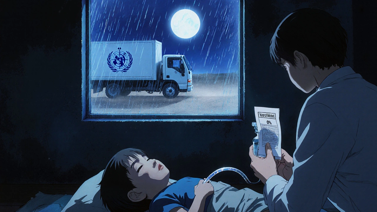 Enfant malade dans une clinique rurale, un médecin tenant une bouteille vide de médicament contrefait, lumière froide à travers la fenêtre.