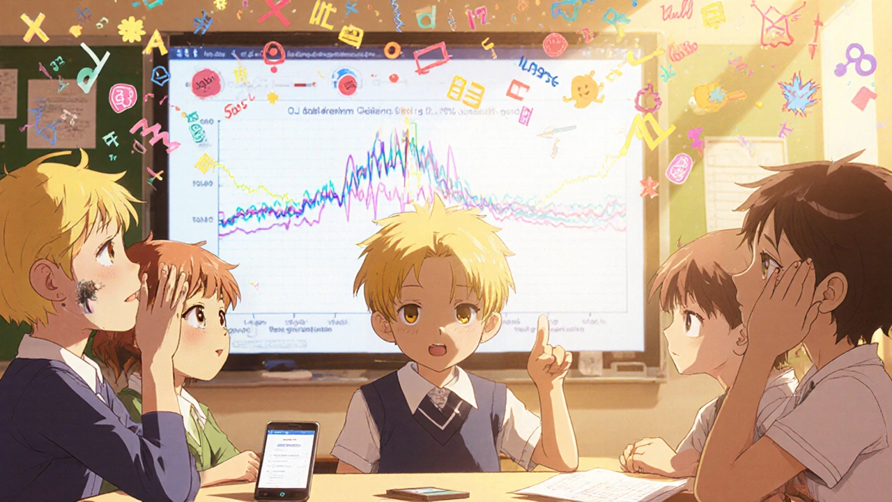 Enfants en classe avec des aides auditives et des ondes sonores transformées en mots.