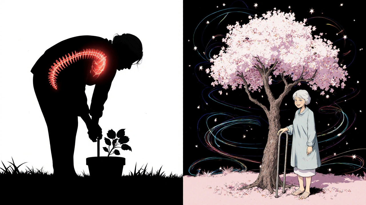 Femme âgée transformée : avant et après dépistage, avec des données FRAX en fleurs de cerisier.