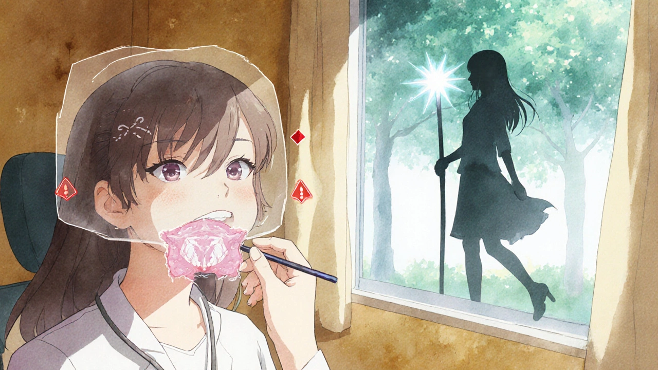 Femme chez le dentiste, avec une représentation holographique de sa mâchoire saine, entourée de symboles de prévention.