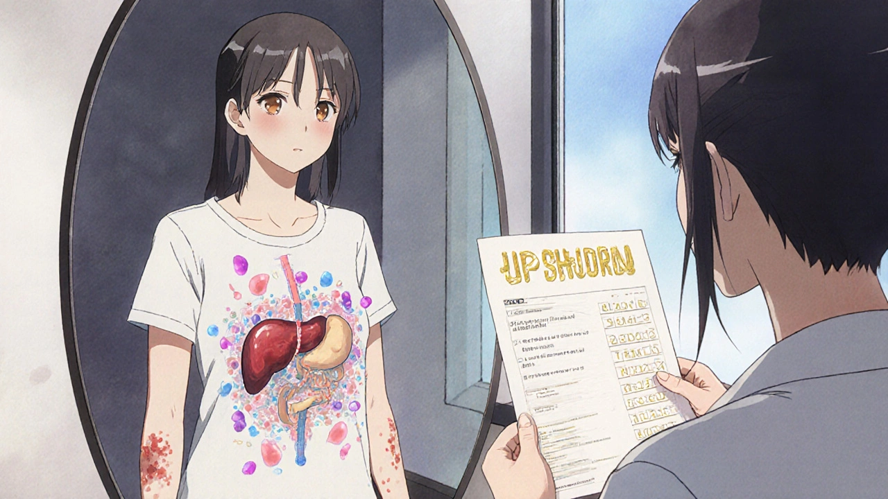 Femme regardant son reflet dans un miroir, montrant une rate agrandie et des cellules cancéreuses envahissant la moelle osseuse.