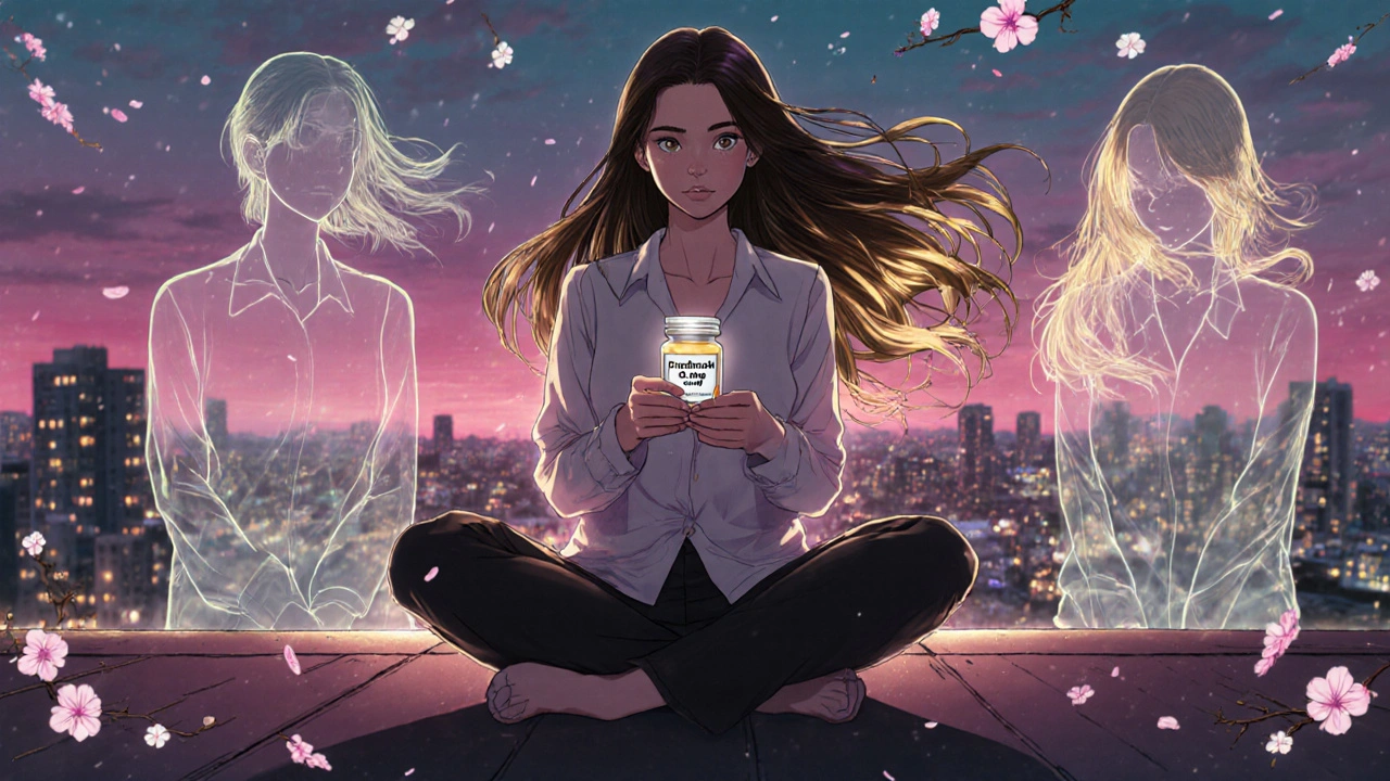 Femme sur un toit au coucher du soleil, ses cheveux repoussent en lumière dorée, ses anciens soi disparus.