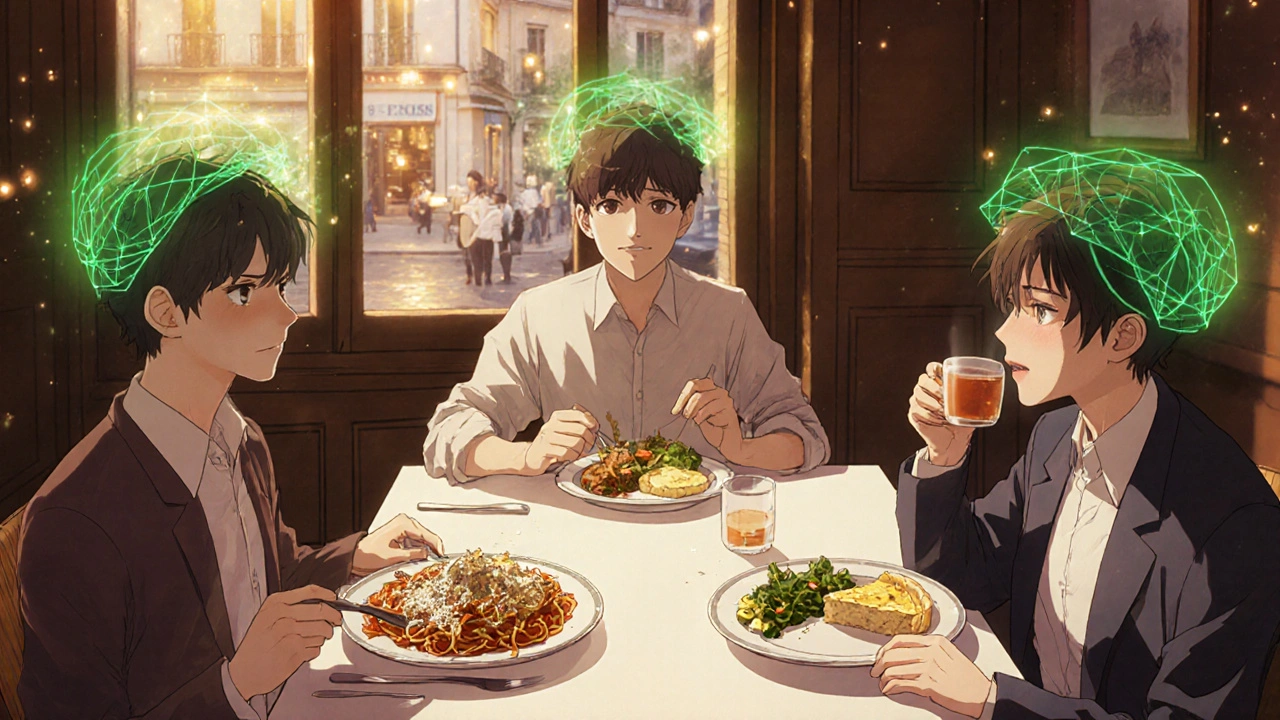 Groupe de patients français profitant de plats adaptés en restaurant, avec une aura de bien-être connecté à leur cerveau.