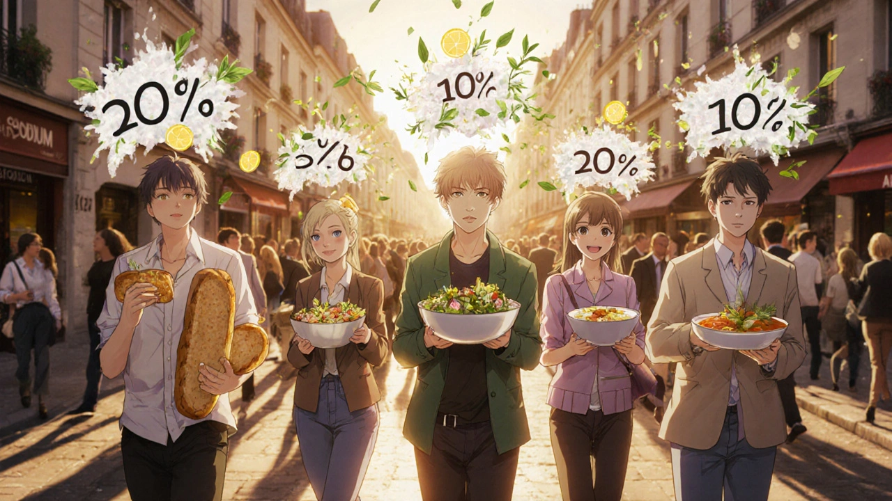 Groupe de personnes dans la rue avec des chiffres de sodium au-dessus de leurs aliments, une seule tient un plat maison sain.