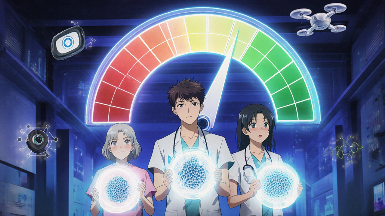 Groupe diversifié de patients avec des os lumineux, une échelle T-score géante et des appareils DEXA portables en arrière-plan.