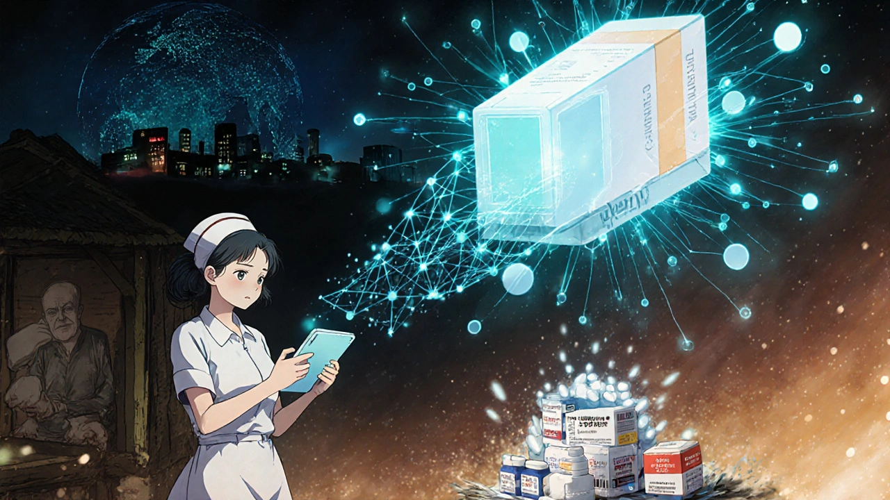 Infirmière vérifiant un médicament avec une technologie blockchain projetée en l’air, un kit de test simple à côté, fond cybernétique.