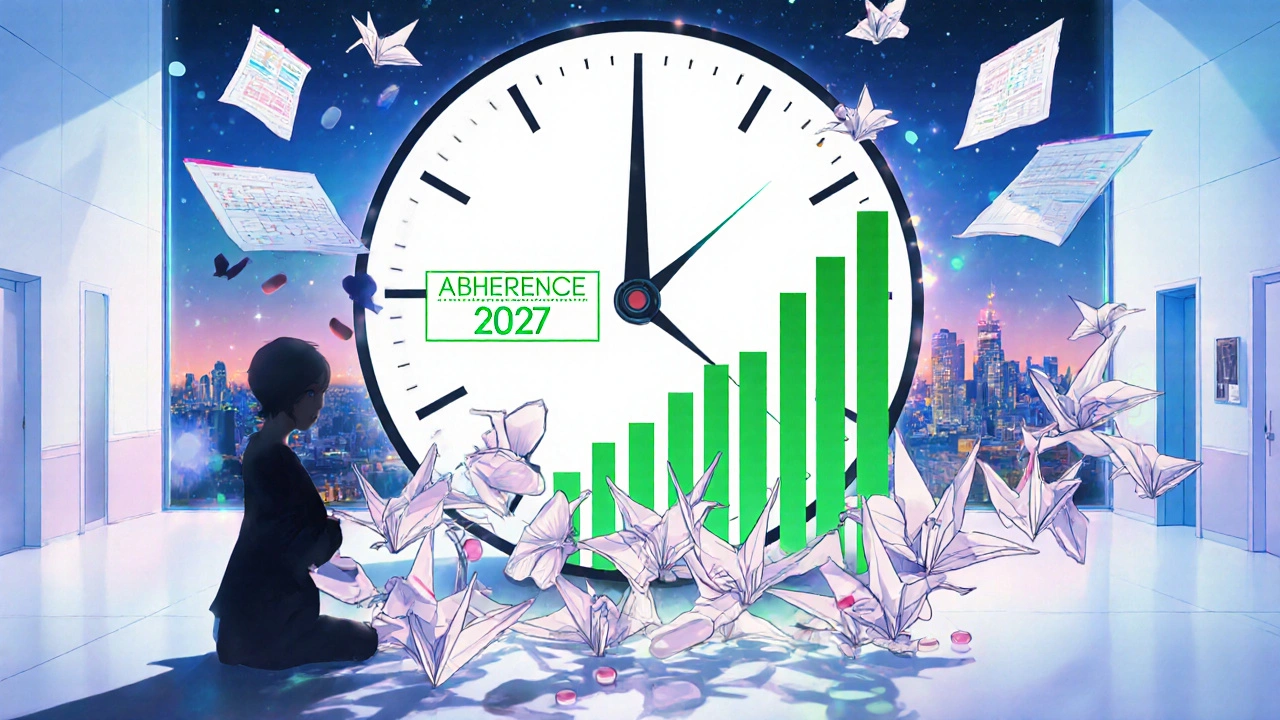 L&#039;ombre d&#039;un patient se transforme en pilules qui deviennent des grues en papier, avec un horloge numérique affichant une amélioration de l&#039;adhésion.