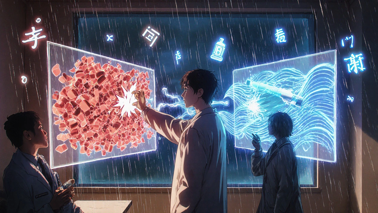 Médecin montrant un hologramme comparant les effets des statines et des inhibiteurs PCSK9 sur le cholestérol LDL.