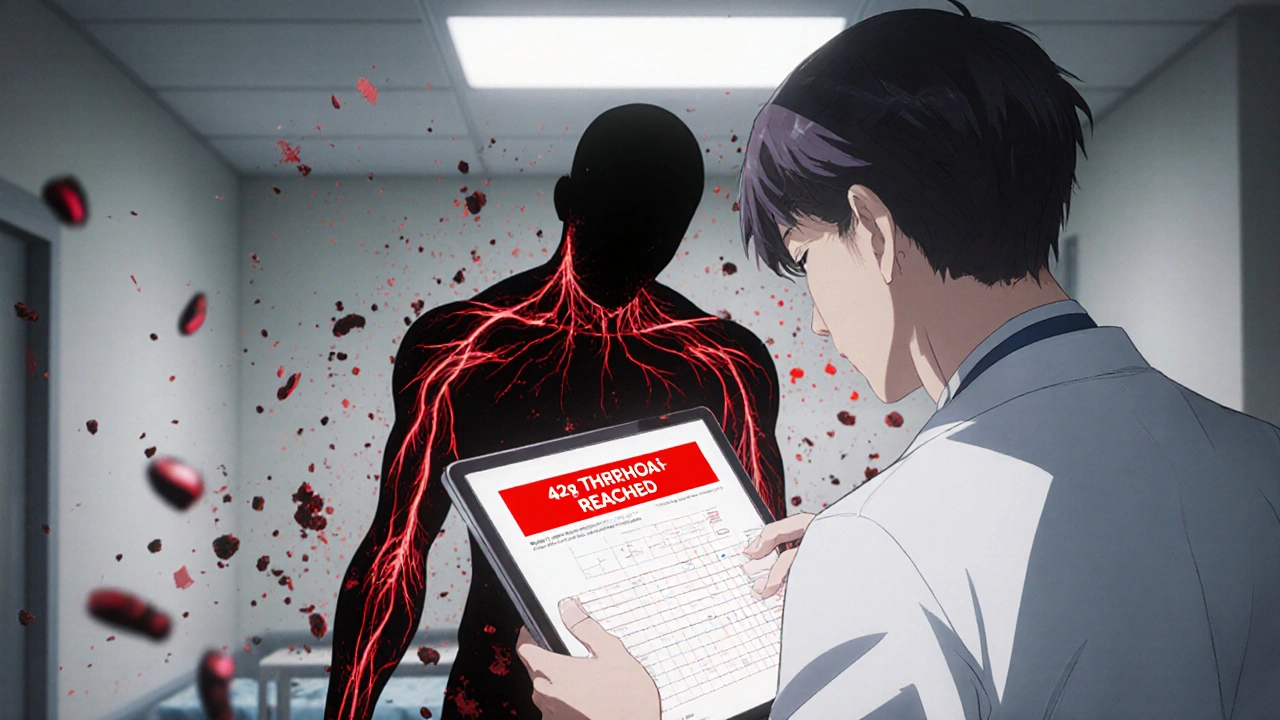 Médecin regardant un écran d&#039;alerte médicale tandis que les nerfs du patient s&#039;effritent en lumières rouges.