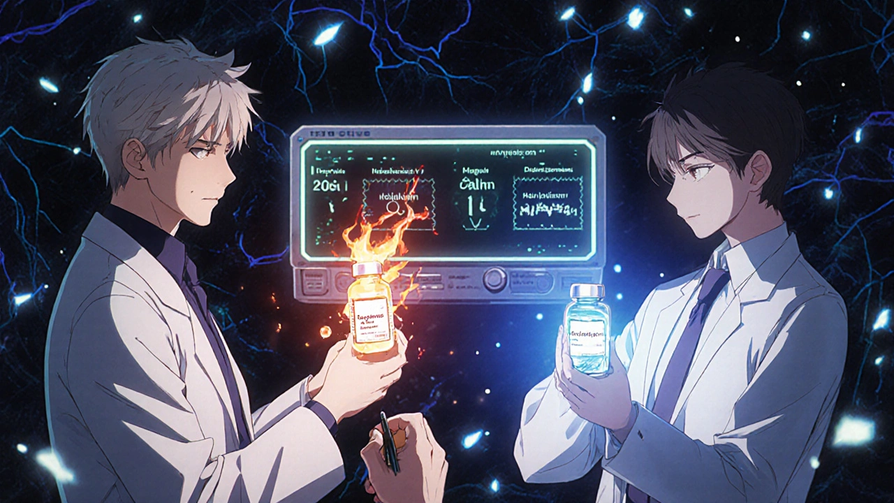 Médecins ajustant un moniteur médical avec des valeurs sanguines critiques, une main tremblante et deux flacons lumineux opposés.